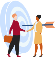 Illustration of two professionals shaking hands in front of a target
